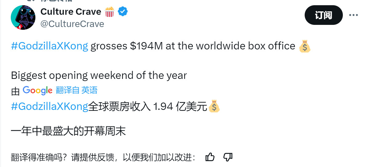 《哥斯拉大战金刚2》全球开画近2亿美元 国内票房已超3亿元  第1张